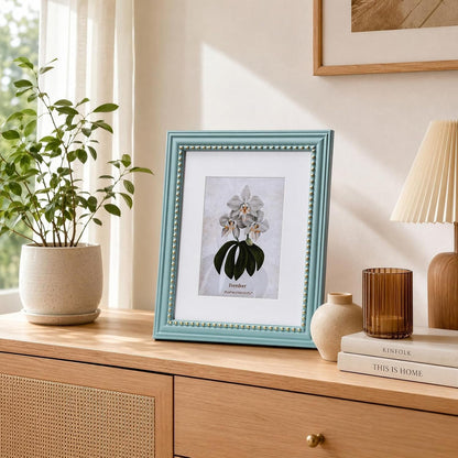8X10 Blue Picture Frame, Engineered Wood with Real Glass, Gold Beaded Border, Matted to 5X7, Vertical and Horizontal for Tabletop or Wall Hanging9