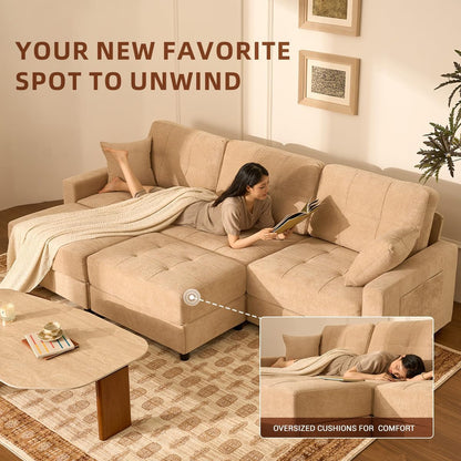 112" U Shaped Modular Cloud Sectional Couch, Waffle Fabric, Oatmeal Beige8