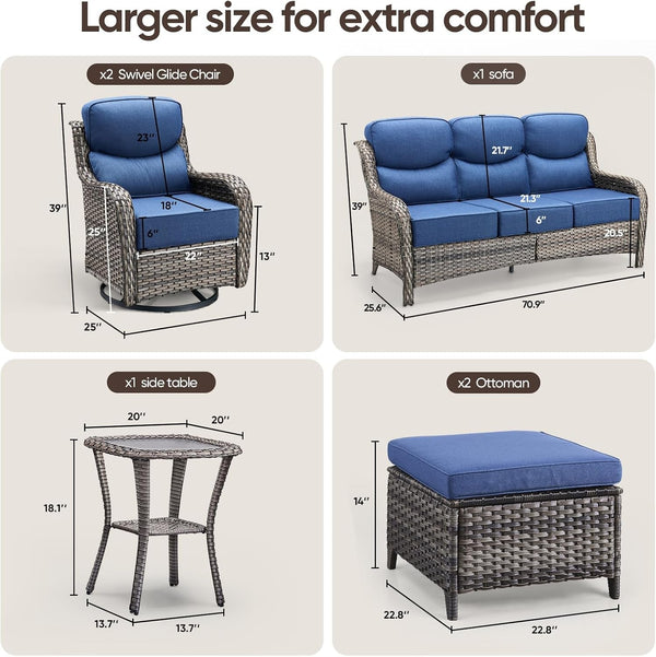 Swivel Patio Chairs Sofa Set of 6-6" Thick Cushion - Wicker Outdoor Swivel Rocker Patio Chair,Sofa/Side Table, High Back Comfortable Outdoor Glider Chairs - Grey Wicker | Blue Cushions2