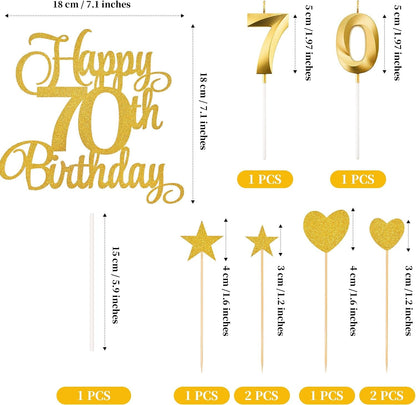 70Th Birthday Cake Decorations, 70Th Birthday Candles Cake Numeral Candles and Glitter Happy 70Th Birthday Cake Toppers Set for Birthday Party Supplies (Gold)2