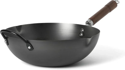 Chisholm 13.5-Inch Carbon Steel Nonstick Wok, Pfas-Free Wok Pan & Flat Bottom Stir Fry Pan with Long Walnut Wood Handle & Helper Handle, Black1