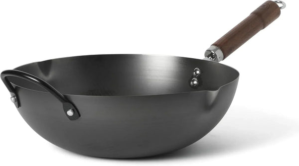 Chisholm 13.5-Inch Carbon Steel Nonstick Wok, Pfas-Free Wok Pan & Flat Bottom Stir Fry Pan with Long Walnut Wood Handle & Helper Handle, Black1