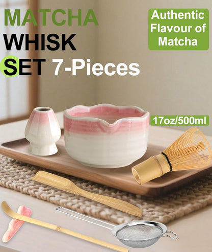 Matcha Whisk Set, 7PCS Matcha Set with Bamboo Whisk and Ceramic Bowl | Complete Matcha Kit Includes 17Oz Bowl, Handmade Whisk 100 Prongs, Holder, Spoon, Sifter for Matcha Lovers, Gradient Pink2