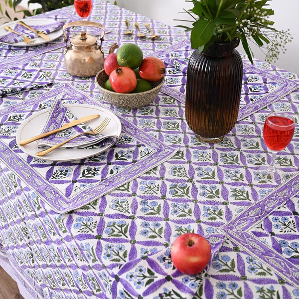 Hand Block Printed Tablecloth, Colorful Floral Print, Indian Artisan Handmade Art, Dining Room, Kitchen, Outdoor Party Decor, 100% Cotton, (Royal Purple Flora, 8 Seater 72 X 108 Inches Rectangle)4