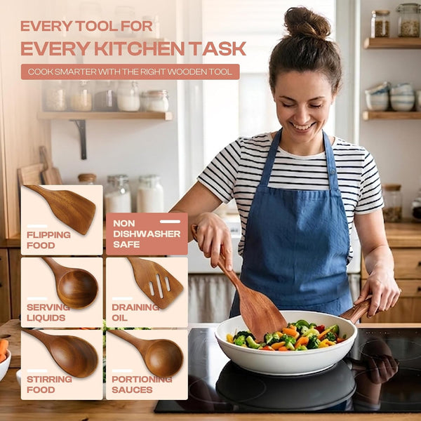Wooden Kitchen Utensil Set – Non Toxic Mahogany Wooden Spoons for Cooking,Spatula,Turner, Slotted Spatula & Ladle – Natural Wood Cooking Utensils – Housewarming Gift4