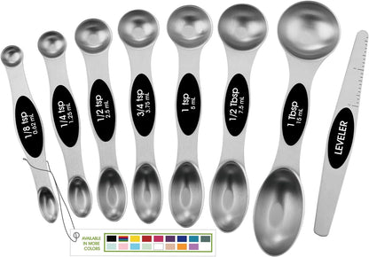 Stainless Steel Magnetic Measuring Spoons Set of 8, Black | Dual Sided Metal Teaspoon & Tablespoon Measuring Spoons with Leveler for Dry & Liquid Ingredients, Nesting, Dishwasher Safe1
