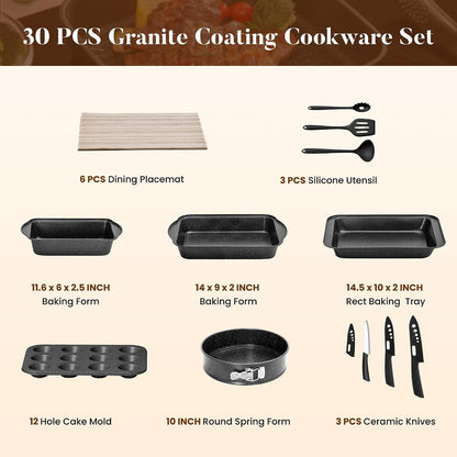Induction Cookware & Bakeware Set, 30Pcs Pots and Pans Set | Nonstick Kitchen Cookware Sets, Granite Cooking Pan and Pot Set, All-Stovetop Compatible, Pfos/Pfoa-Free, Black8
