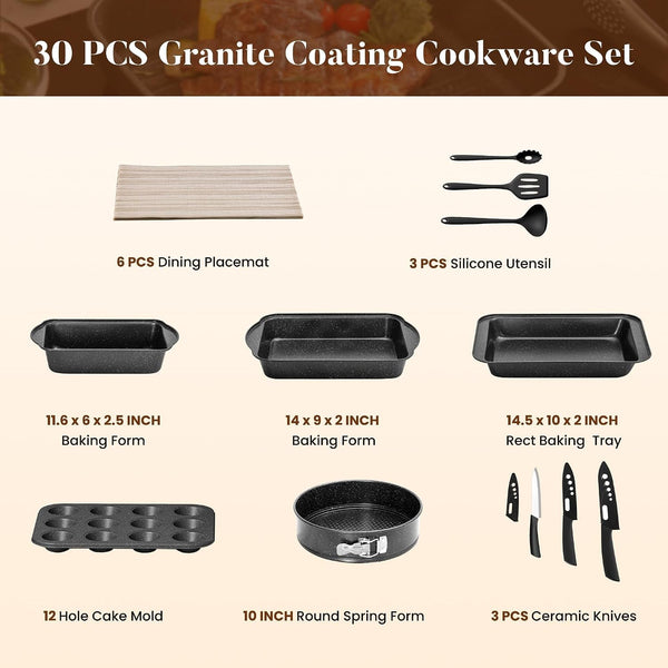 Induction Cookware & Bakeware Set, 30Pcs Pots and Pans Set | Nonstick Kitchen Cookware Sets, Granite Cooking Pan and Pot Set, All-Stovetop Compatible, Pfos/Pfoa-Free, Black8