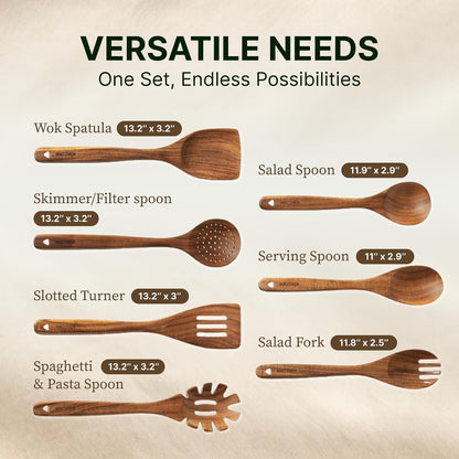 8 PCS Teak Wood Kitchen Utensil Set, Natural Wooden Cooking Spoons & Spatulas, Non Toxic Cooking Tools for Nonstick Cookware, Comfortable Handles, Easy Care2