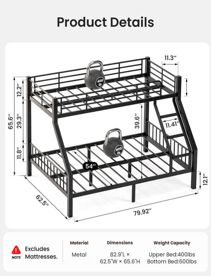 Twin XL over Queen Bunk Bed, Heavy Duty Bed Frame with Guardrails & Ladder2