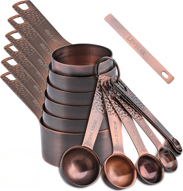 Measuring Cups and Spoons Set 14, Copper Measuring Cups and Spoons Set for Dry & Liquid, Metric & US Stainless Steel 6 Measure Cups and 7 Spoons Set W/Leveler for Kitchen & Baking1