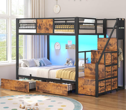 Bunk Bed Twin over Twin with Stairs, Storage Drawers and LED Lights9