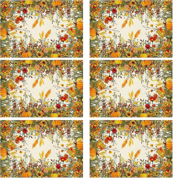 Fall Wild Flowers Placemats Set of 6 Table Decor 12X18 Inch1