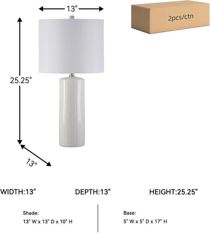 Signature Design by Ashley Table Lamp Set of 2, White Ceramic, 3-Way | Textured White Ceramic Base with Soft Drum Shade, 25-Inch Height Elevates Living Room End Tables, Steuben Series6