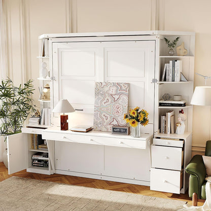 Queen Murphy Bed with Storage Shelves, Desk, and LED Lights,Wood Hidden Folding Farmhouse Murphy Wall Bed with Storage Cabinets Bookcase Drawers & Shelves for Adults, Space-Saving (Queen,White)4