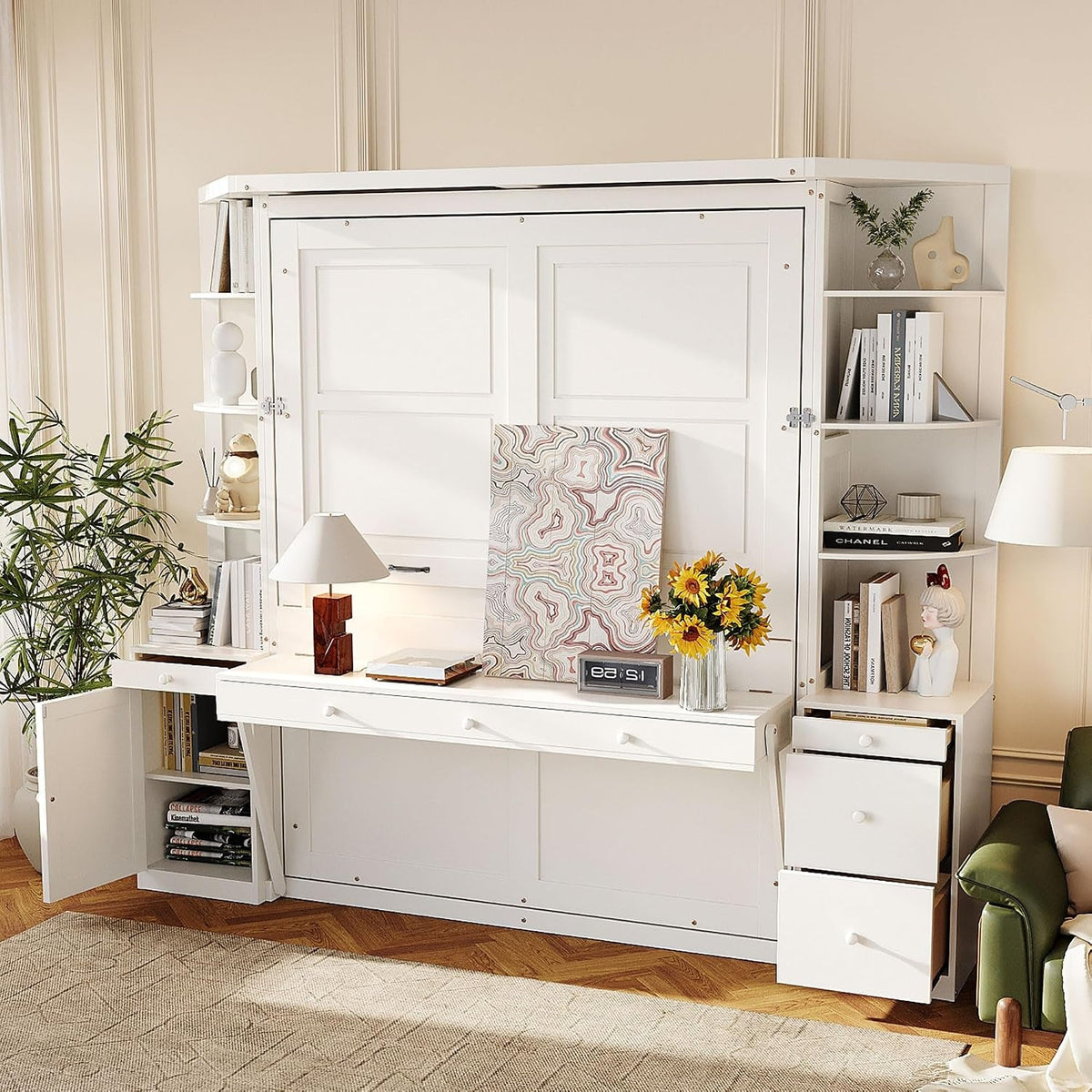 queen-murphy-bed-with-storage-shelves-and-desk-cabinets-lights-white