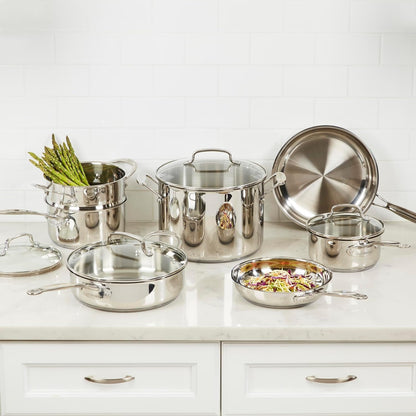 Chef’S Classic 11-Piece Stainless Steel Pots and Pans Set, Cookware Set Compatible with Induction, Electric, Gas Cooktops, Aluminum Core for Even Heat, Cool Grip Handles, Dishwasher Safe |  Stainless Steel Cookware Set, Dishwasher Safe, Oven Safe to 500°F & Gas/Electric/Induction Compatible, 77-11G2