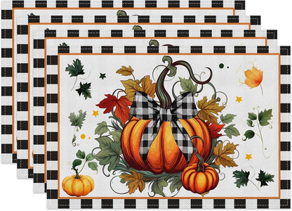 Fall Table Runner,12X18In Linen Pumpkins Leaves Placemats Set of 41