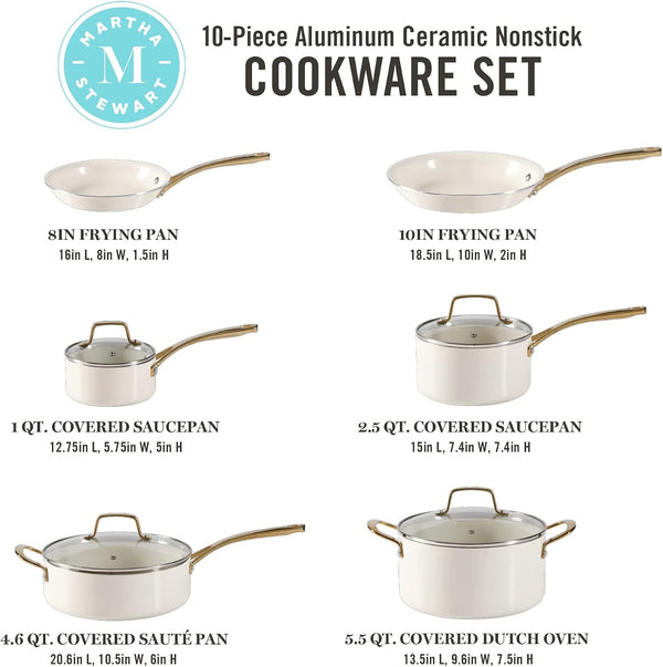 Lockton Premium Non Stick Non Toxic PFA Free Ceramic Interior 10 Piece Heavy Gauge Enamel Aluminum Pots and Pans Cookware Set - Linen White W/Gold Handle2