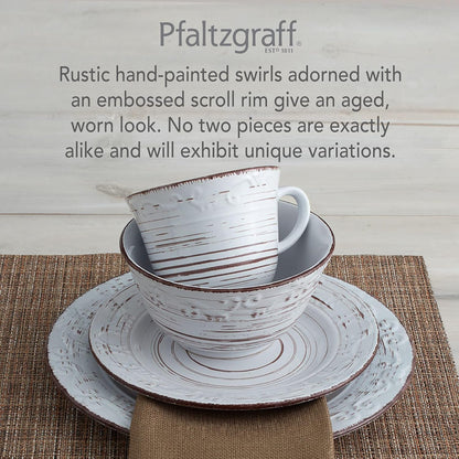Trellis White 16-Piece Stoneware Dinnerware Set, Service for 4, Distressed White Finish, Microwave & Dishwasher Safe Plates and Bowls4