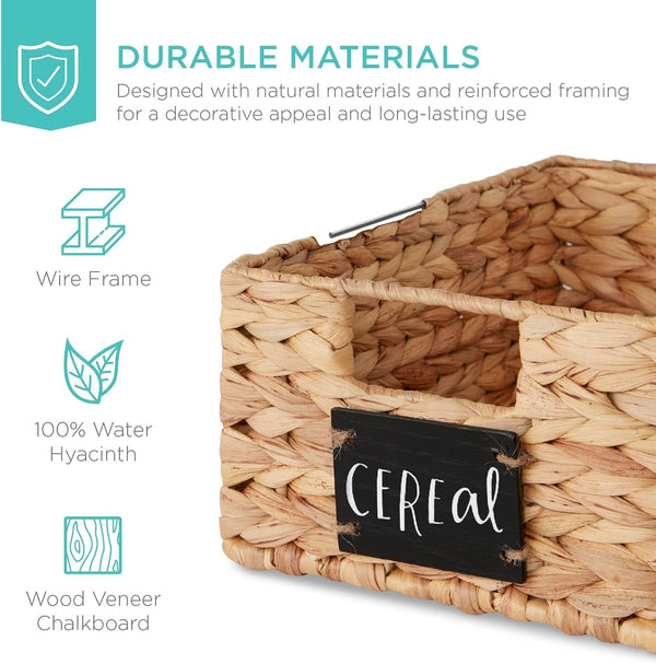 Set of 4 9X12In Water Hyacinth Pantry Baskets, Woven Organizers W/Chalkboard Label, Chalk Marker - Natural5