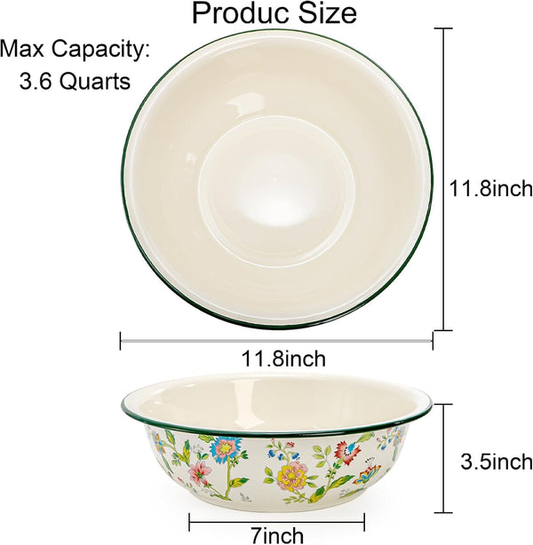 2 Pack Vintage Enamel Mixing Bowls, 11.8 Inch Primitive Enamelware Basin for Fruit, Salad, Pasta, Dough Making, 3.6 Quart Enamel Washing Bowl Serving Tray for Camping, Kitchen, Farmhouse Decor2