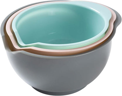 Nesting Plastic Mixing Bowls, Set of 3, 1.5 Quart, 2 Quart, 2.5Quart, Nesting Bowls with Non Slip Base and Easy Pour Spout, Dishwasher Safe (Green Pink Grey)1