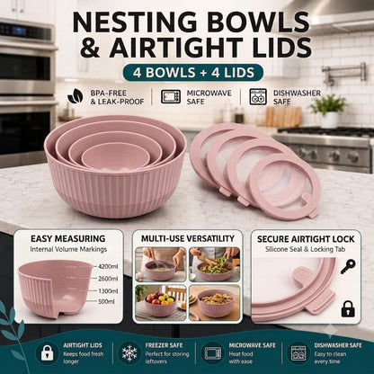 Plastic Mixing Bowls with Lids, 8-Piece Airtight Leak-Proof Nesting Bpa-Free Prep Bowl Set for Kitchen & Food Storage, 500Ml, 1300Ml, 2600Ml & 4200Ml, Microwave & Dishwasher Safe (Pink)2