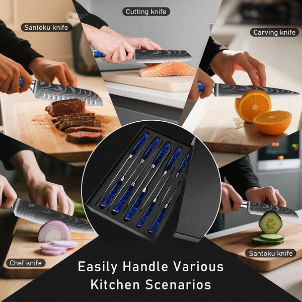 10-Piece Premium Japanese Kitchen Knife Set - Star Collection, Laser Damascus Pattern, 440A Stainless Steel Ultra Sharp for Fast Cutting (Blue)8