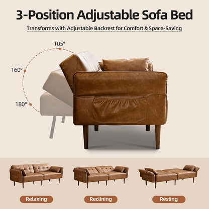 85" Futon Faux Leather Couch with Adjustable Armrests Brown4