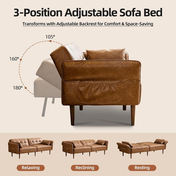85" Futon Faux Leather Couch with Adjustable Armrests Brown4