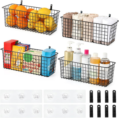 4 Set [EXTRA LARGE] Hanging Wall Mount Storage Baskets with Adhesive Hooks & Steel Hooks, Multiuse Sturdy Wire Metal Organizing Baskets for Home Kitchen Bathroom Pantry Utility Organizer, Black5