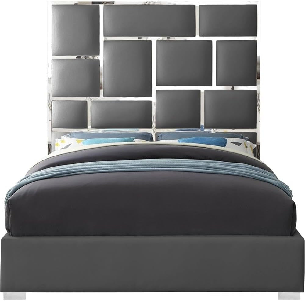 modern-king-bed-solid-wood-and-gray-vegan-leather-chrome-metal-accents-81-5-w-x-84-5-d-x-70-h-tall-geometric-headboard-no-box-spring-required-contemporary-bedroom-furniture
