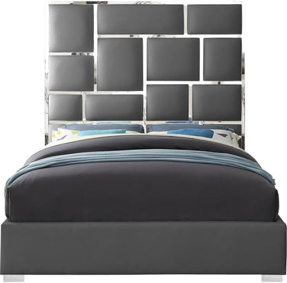 Modern King Bed, Solid Wood and Gray Vegan Leather, Chrome Metal Accents, 81.5" W X 84.5" D X 70" H, Tall Geometric Headboard, No Box Spring Required, Contemporary Bedroom Furniture4