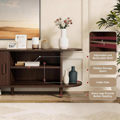65" Mid Century Modern TV Stand with Power Outlet, Fluted Entertainment Center with Storage and Adjustable Shelves, Wood TV Console with Sliding Doors for Living Room, Walnut6