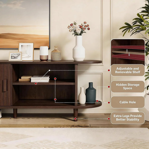 65" Mid Century Modern TV Stand with Power Outlet, Fluted Entertainment Center with Storage and Adjustable Shelves, Wood TV Console with Sliding Doors for Living Room, Walnut6