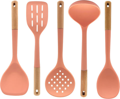 5Pc Beech Wood and Silicone Kitchen Utensils Set Meal Prep Cooking Baking Supplies Home Essentials, Coral Peach1