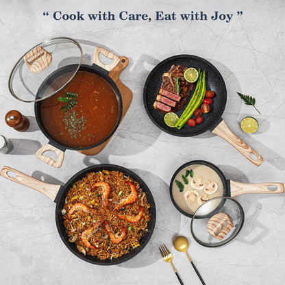Pots and Pans Set Non Stick, 12Pcs Black Granite Induction Cookware | PFAS/PFOA/PFOS Free, Healthy Nonstick Kitchen Cookware Sets, Includes Fry Pans & Saucepans.8
