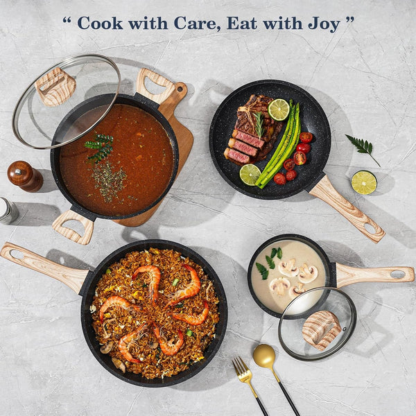 Pots and Pans Set Non Stick, 12Pcs Black Granite Induction Cookware | PFAS/PFOA/PFOS Free, Healthy Nonstick Kitchen Cookware Sets, Includes Fry Pans & Saucepans.8