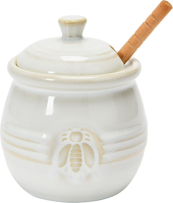 Creative Co-Op Farmhouse Embossed Stoneware Honey Pot with Wood Honey Dipper, White1