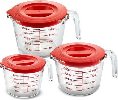 1,2 and 4 Cups Glass Measuring Cup Set with Lids (8, 17 and 34 Oz) - Heat-Resistant Borosilicate Liquid Measure Cups with Easy-Read Scale for Cooking, Baking & Food Storage, Dishwasher Safe1