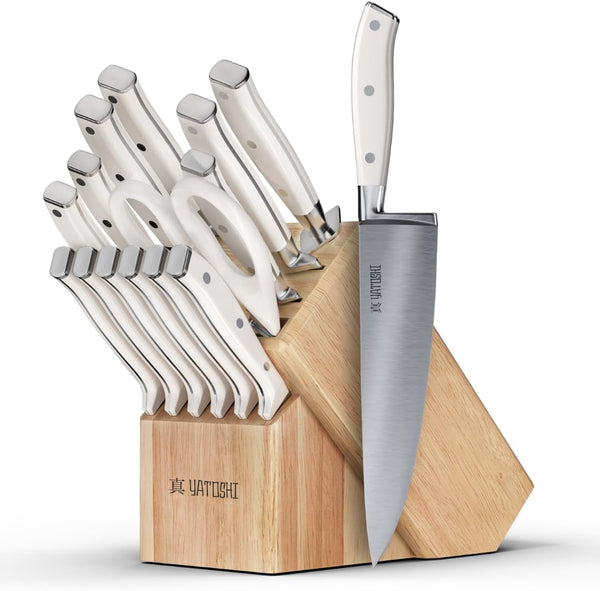 Yatoshi 15 Piece White Knife Block Set - Pro Kitchen Knife Set Ultra Sharp High Carbon Stainless Steel with Ergonomic Handle1