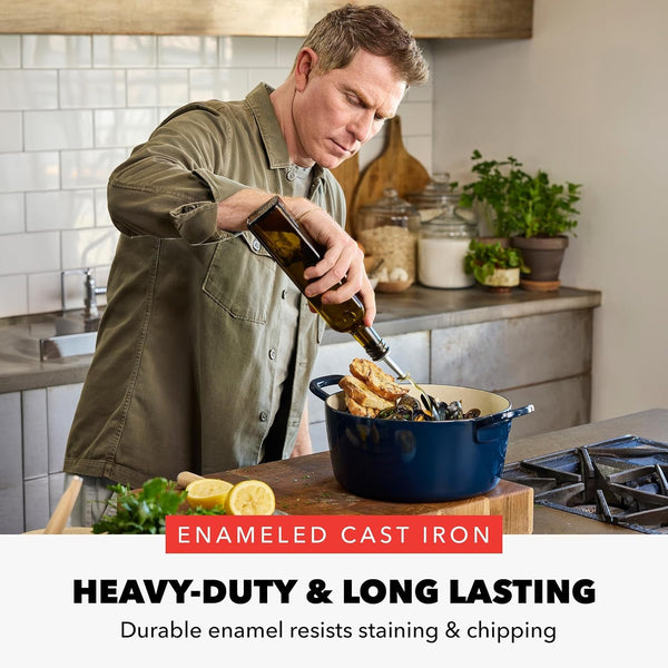 X Bobby Flay 5.5QT Enameled Cast Iron Dutch Oven with Lid, Navy | Casserole Pot for Braising, Stews, Bread Baking & Searing, Self-Basting Lid, Induction Ready, Oven Safe to 5002