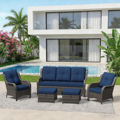 5 Piece Outdoor Wicker Patio Furniture Set, Patio Chairs Set with Thickened Olefin Cushions, High Back and Deep Seating, Hand-Woven PE Rattan, Ottoman for Porch, Deck9