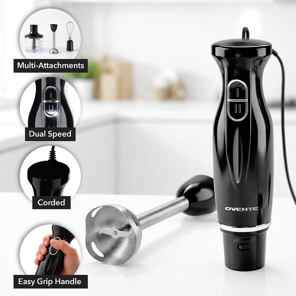 Electric Hand Blender Set with 2 Mixing Speeds, 300W Black HS565B | Corded Immersion Handheld Stick Mixer with Stainless Steel Blades, Egg Whisk, Beaker & Bpa-Free Food Chopper2