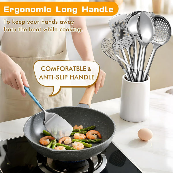 9 Pcs Cooking Utensils Set, Stainless Steel Kitchen Utensils, Heat Resistant Metal Kitchen Tools Include Solid & Slotted Spatula, Serving Spoon, Ladle, Pasta Server,Potato Maseher, Egg Whisk, Silver4