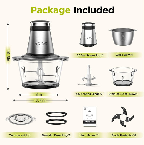 Food Processor, 500W Electric Food Chopper with 2 Bowls (8 Cup+8 Cup) & 2 Bi-Level Blades&, Small Electric Grinder Meat Processor for Nuts, Meat, Onion, Garlic, Baby Food, Black5