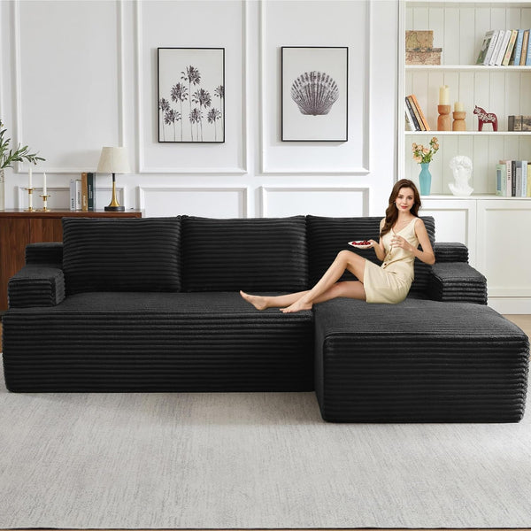 96" Modular Sectional Sofa Couches L-Shape Couch 3 Seat Modular Sofa Corduroy Memory Foam Sectional Boneless Couches for Living Room, Cloud Couch with Oversized Chaise(Black, Right Facing)1