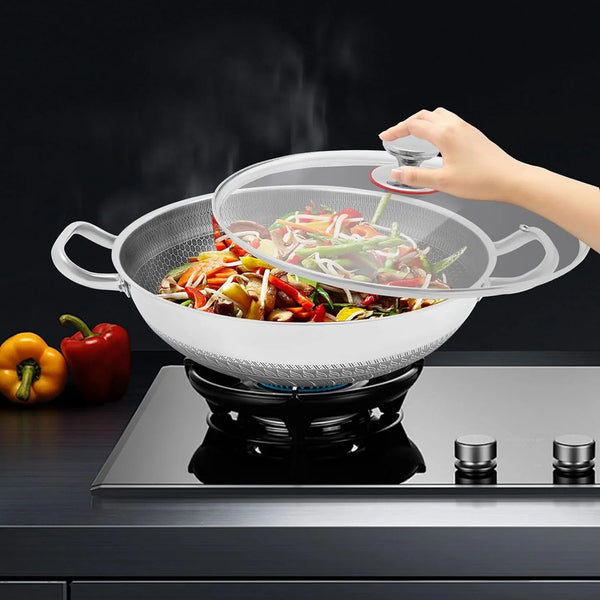 Wok Pan,Hybrid Wok with Lid,Non Stick Stainless Steel Woks & Stir-Fry Pans Nonstick Frying Pan Dishwasher and Oven Safe, Works on Induction (13 Inch)4
