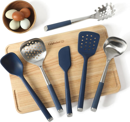 Edge 6-Piece Stainless Steel and Silicone Kitchen Tool Set, Kitchen Utensil Set, Scraper, Skimmer, Spoon, Ladle, Turner, Pasta Server, Heat Resistant Nonstick Safe Cooking Utensils (Navy)2